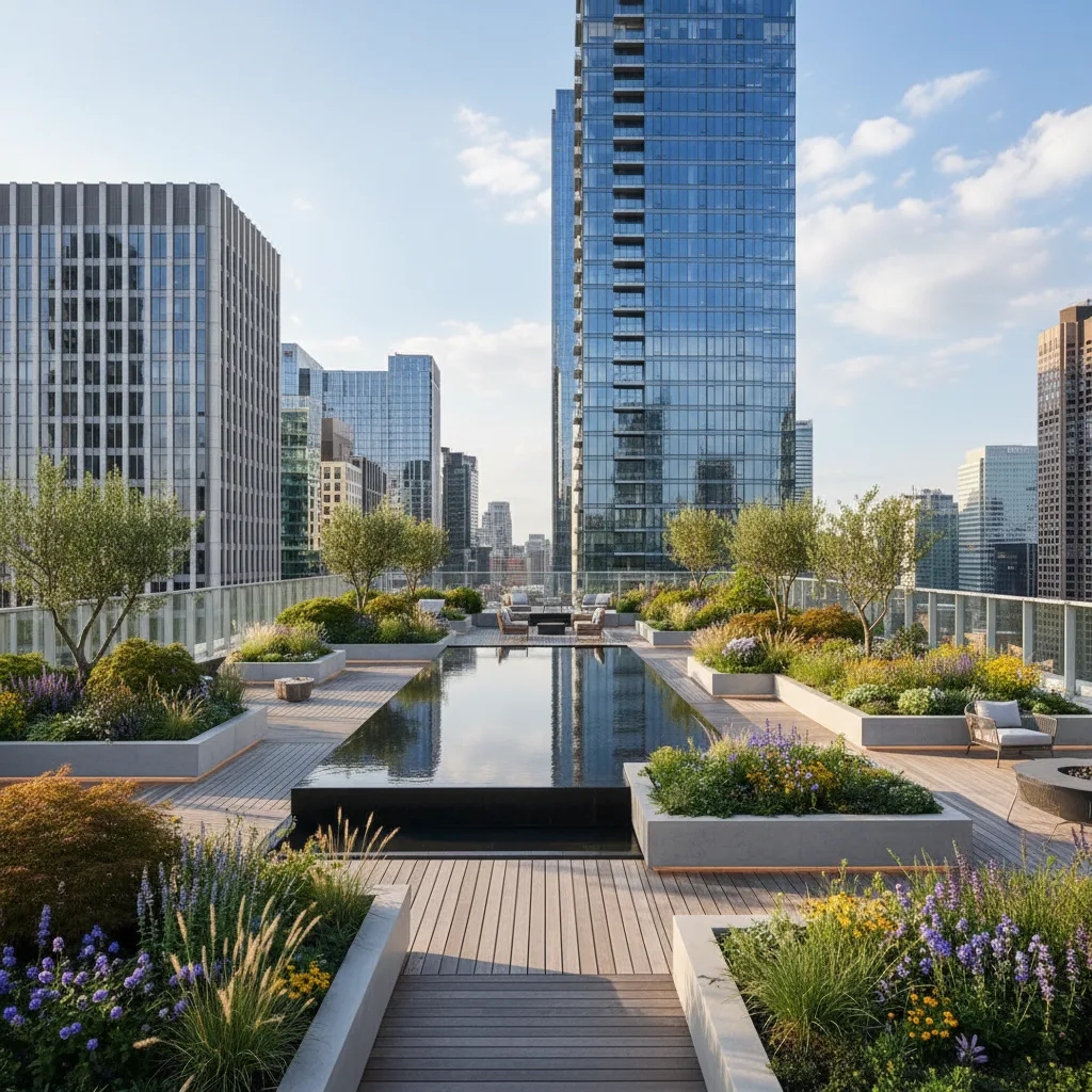 A modern city courtyard garden with sleek stone features and lush plant beds