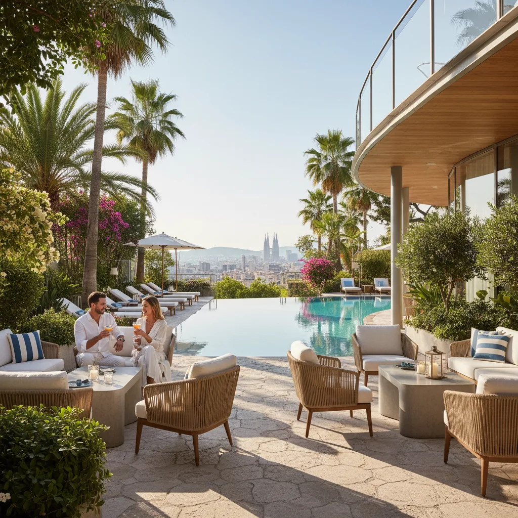 Refined hotel terrace with outdoor seating and lush perimeter planting