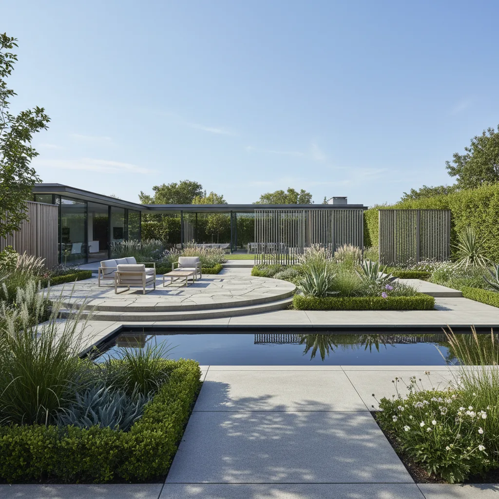 Editorial photo of a modern landscaped garden with abundant greenery and stone path