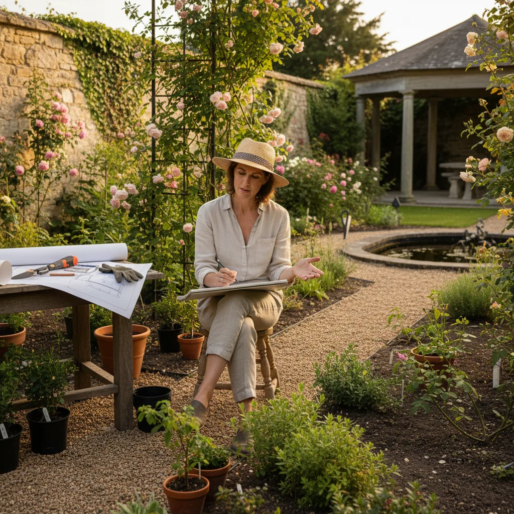 Garden designer sketching concepts at a large table