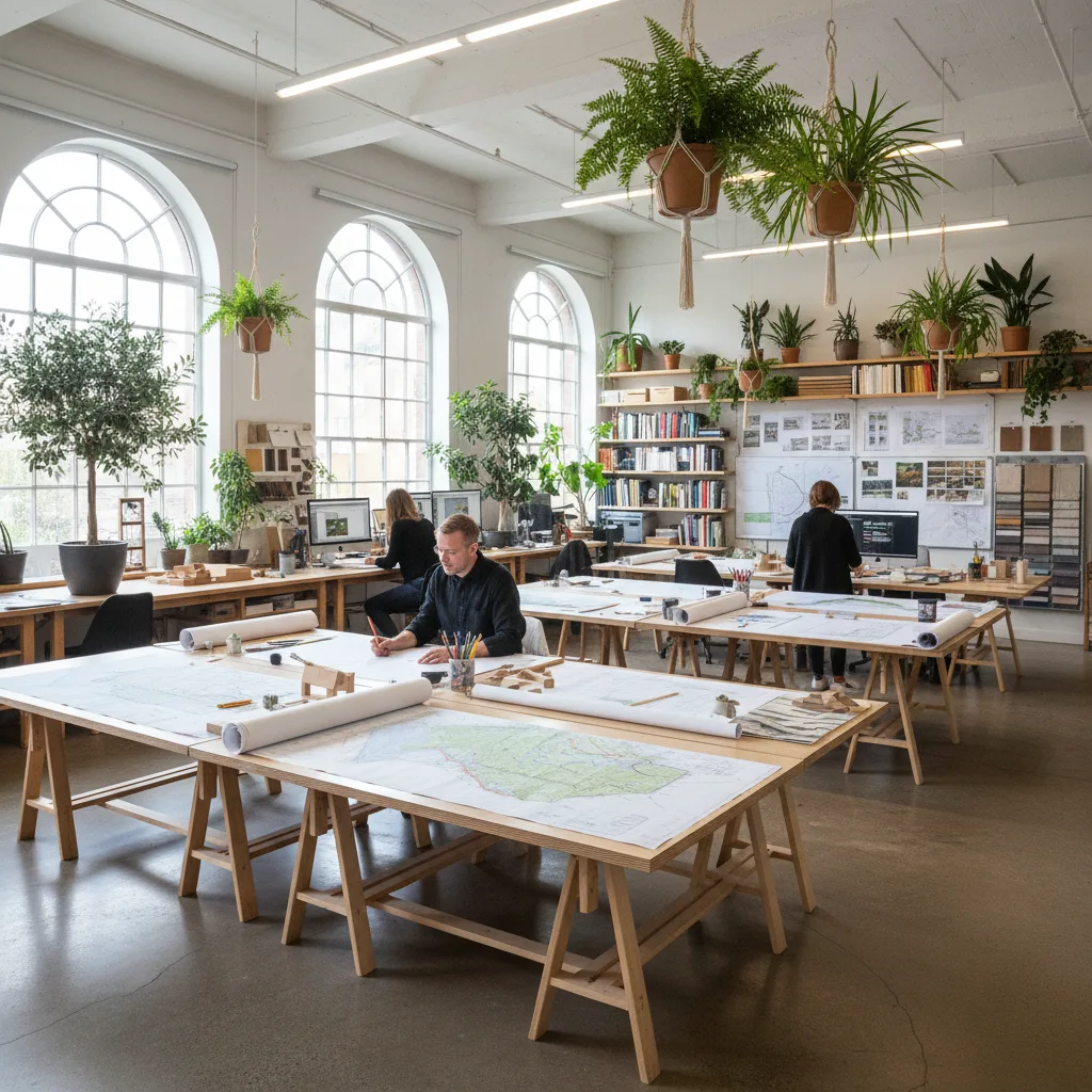 Contemporary landscape design studio workspace with tools