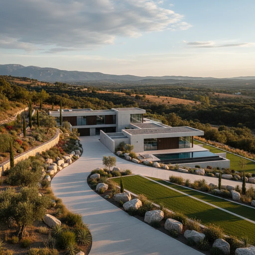 Minimalist villa entrance with native planting and soft sunlight